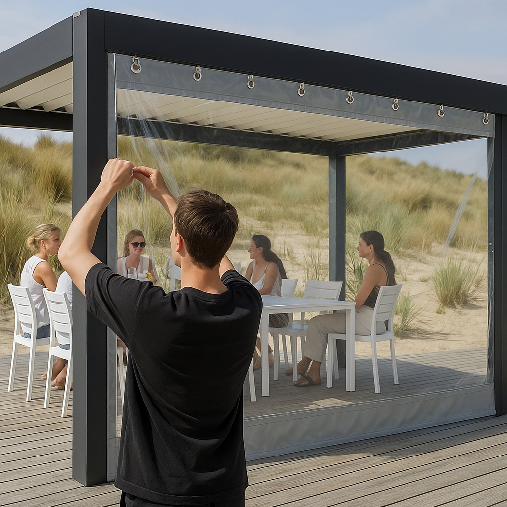 Clear PVC Outdoor Curtain with Grey Borders – 0.6mm Thick Windproof and Waterproof Curtain for Patios
