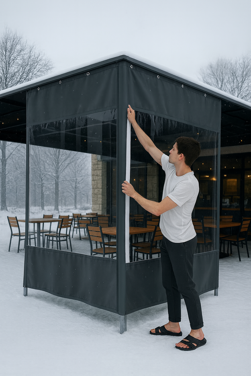 Clear PVC Outdoor Curtain with Grey Borders – 0.6mm Thick Windproof and Waterproof Curtain for Patios